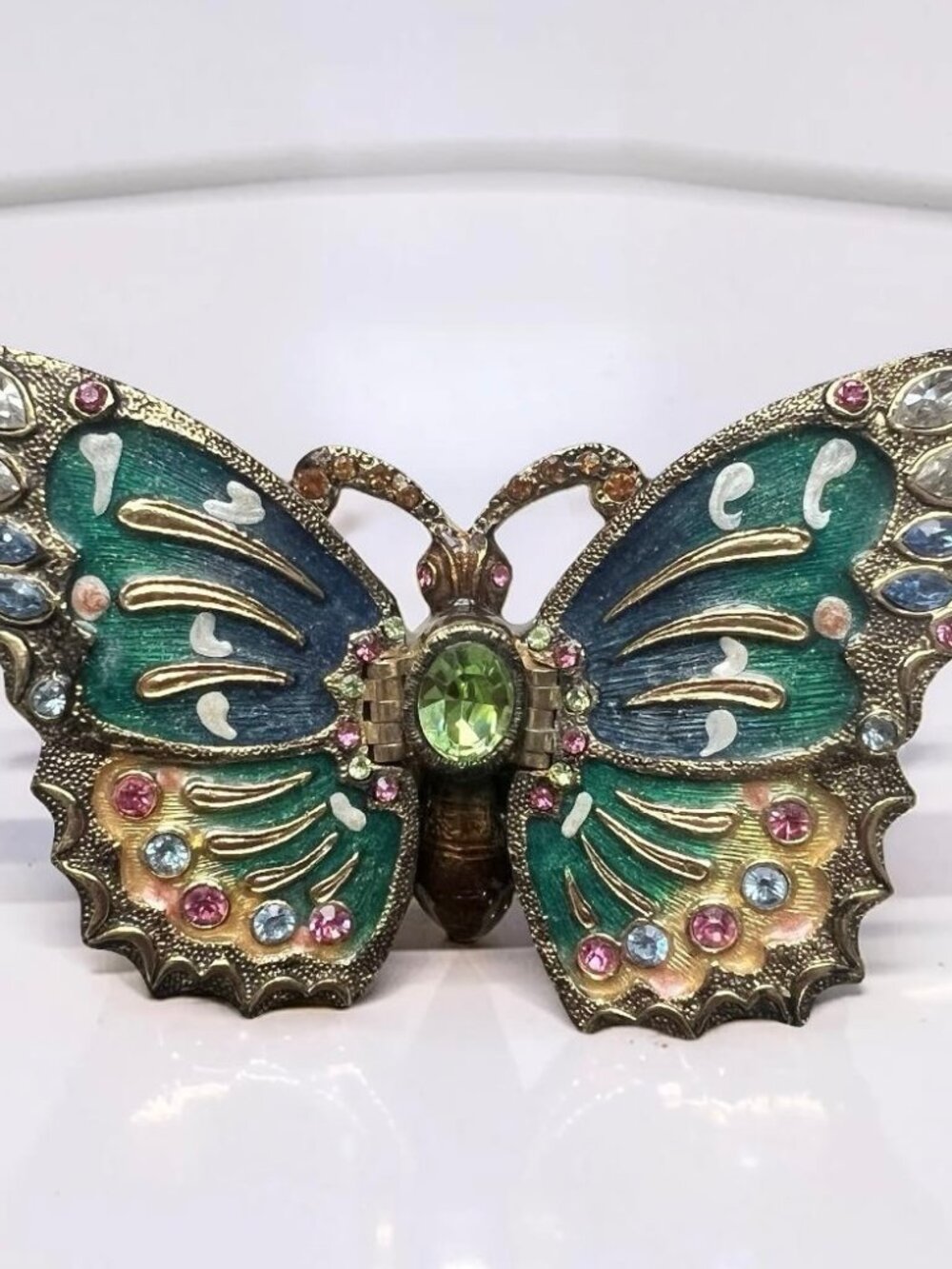 Vintage Fitz & FLoyd Trinket Box BUTTERFLY Enamel & Crystals Beautiful 4” W